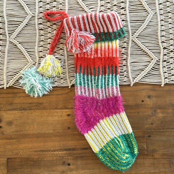 Anthropologie knit Pom Pom Christmas stocking - Picture 1 of 7